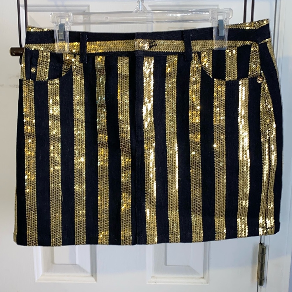 Michael Kors mini skirt, black denim, gold sequins, NWOT, size 6